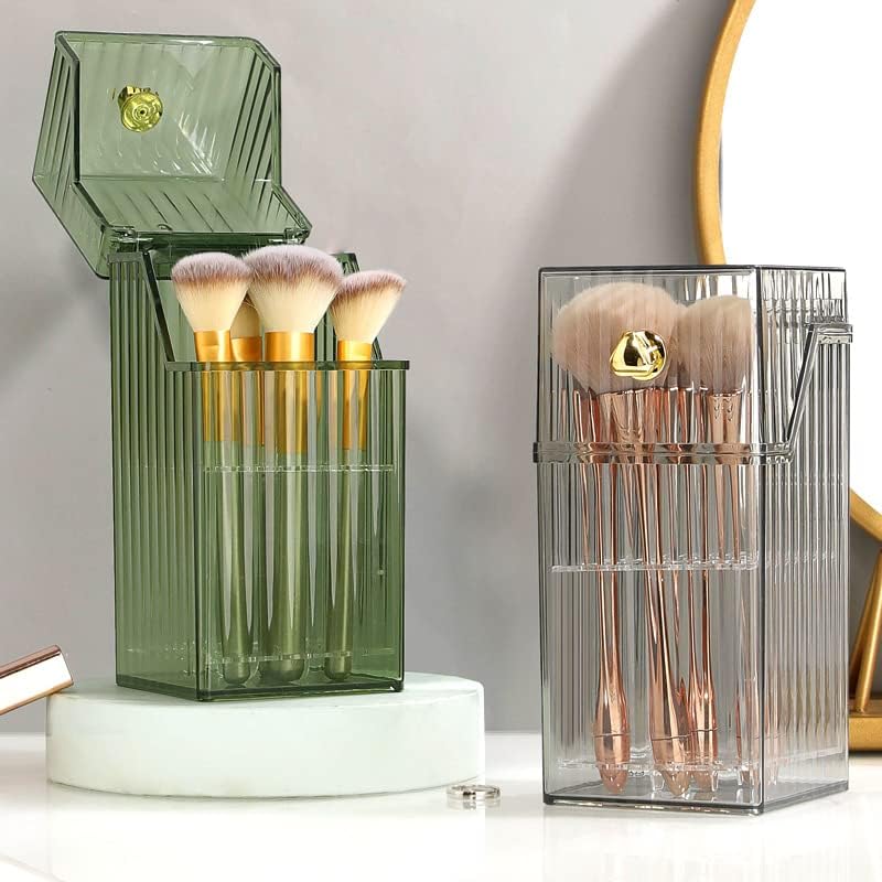Makeup Brush Holder Organizer With Lid, Cosmetic Organiser, Desktop Cosmetic Brush Storage Rack, Dustproof Cosmetic Organiser Storage Box 3 Colors